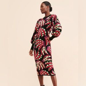 NWT Farm Rio Sz M Black Multi Banana Dots Knit Long Puff Sleeve Fruit Midi Dress